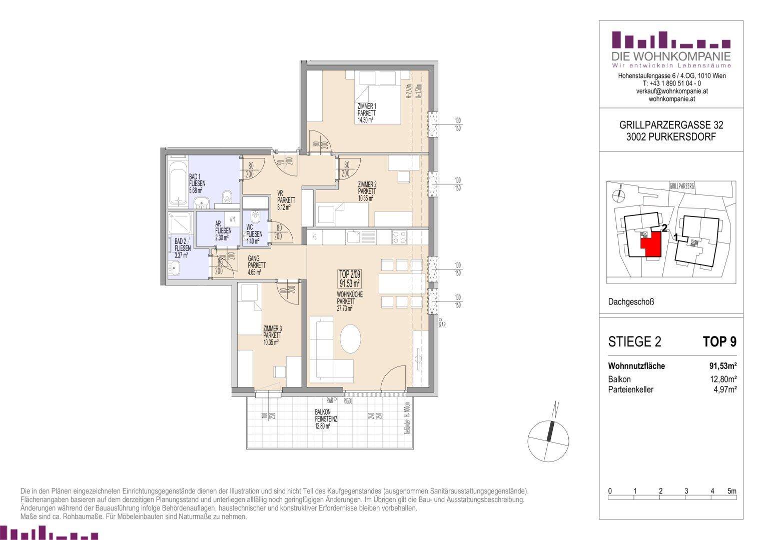 Grundriss einer Wohnung mit drei Zimmern, zwei Bädern, einem separaten WC und Balkon.