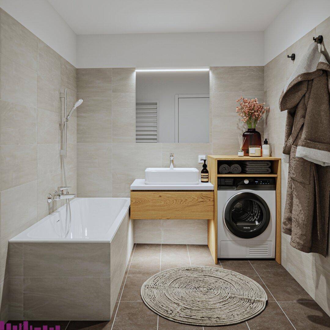 Modernes Badezimmer mit Badewanne, Waschmaschine und eleganten Fliesen in hellen Farbtönen.