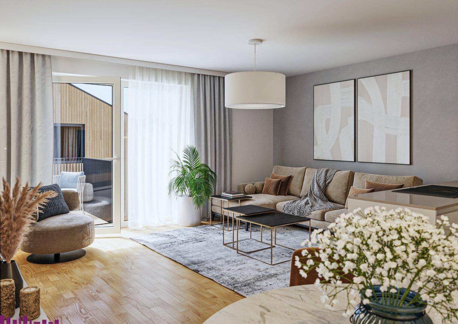 Lichtdurchflutetes Wohnzimmer mit Parkettboden, bequemer Couch und Zugang zu einem Balkon.