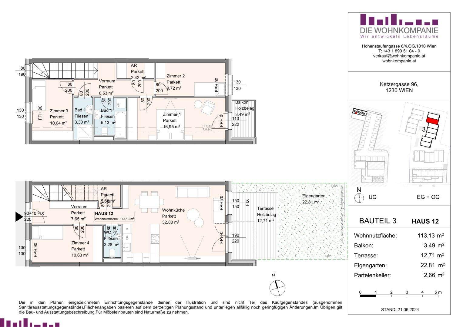 Detaillierter Grundriss von Haus 12 mit zwei Etagen, Balkon und Terrasse.