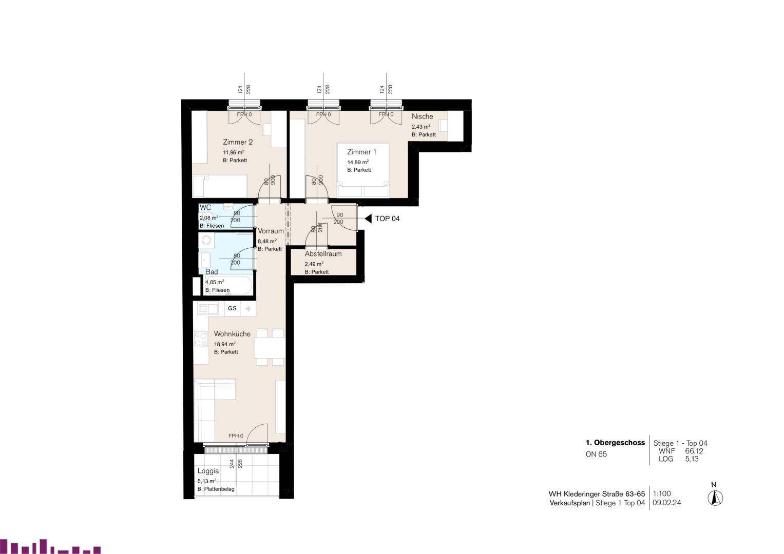 Grundriss einer Wohnung im Obergeschoss mit zwei Zimmern, Bad und Loggia.