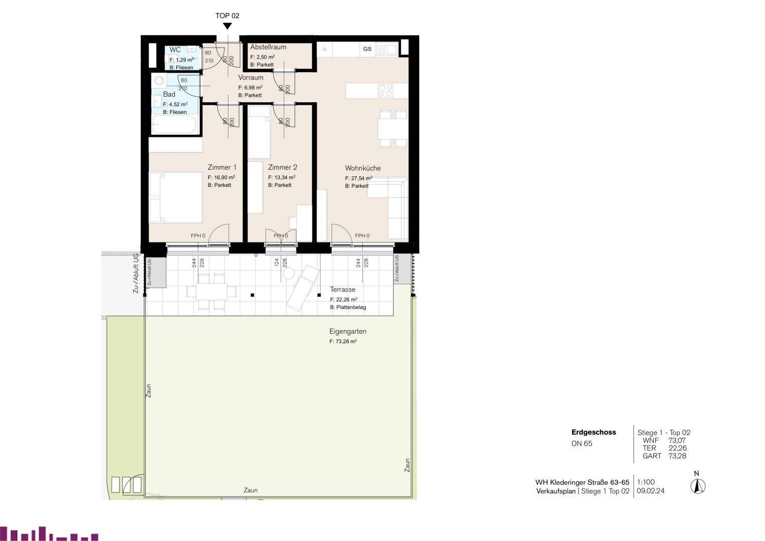 Grundriss einer Erdgeschosswohnung mit zwei Zimmern, Wohnküche, Bad, WC, Terrasse und eigenem Garten.