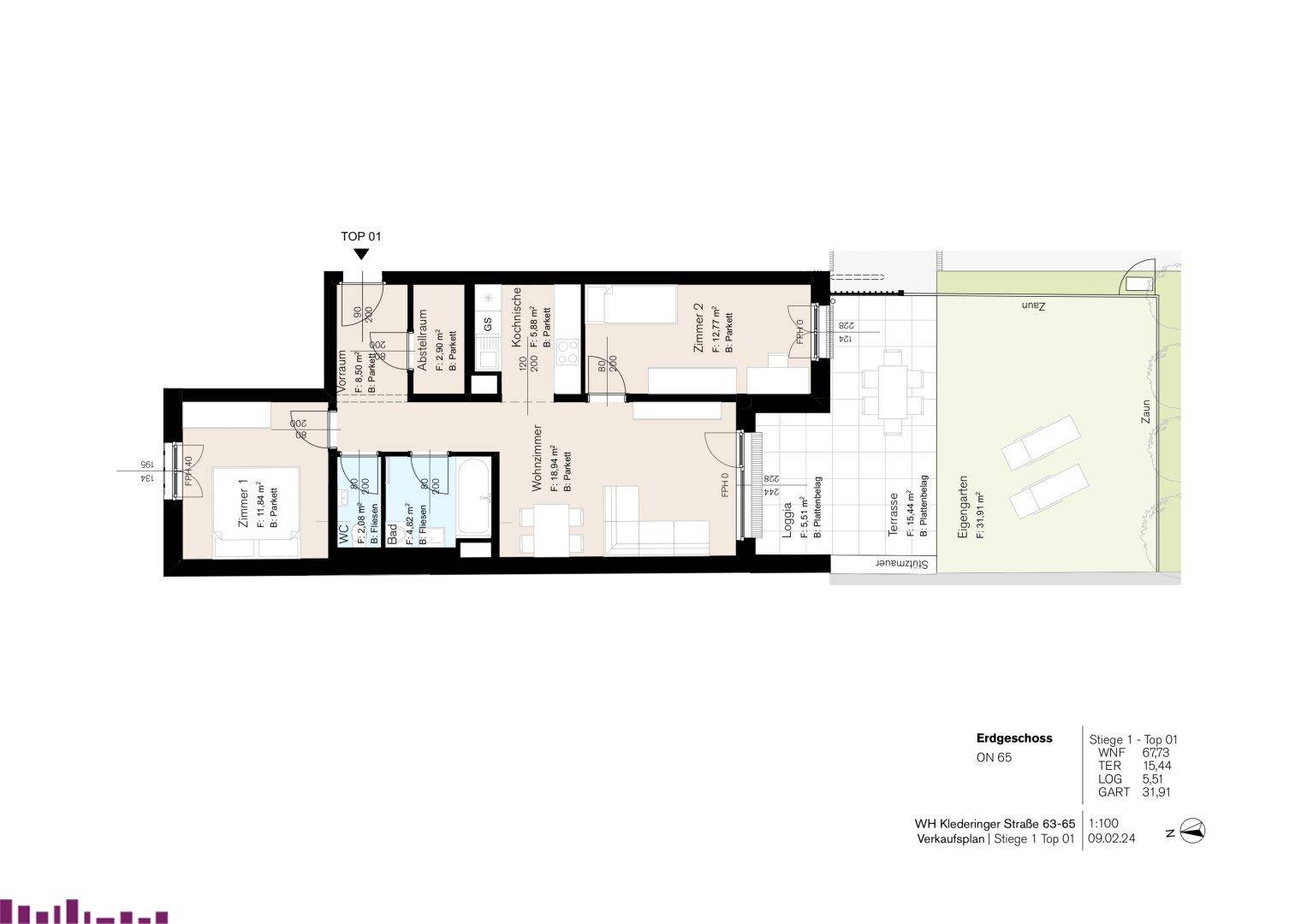 Detaillierter Grundriss einer Erdgeschosswohnung mit drei Zimmern, separatem WC, Bad, Terrasse und Eigengarten.