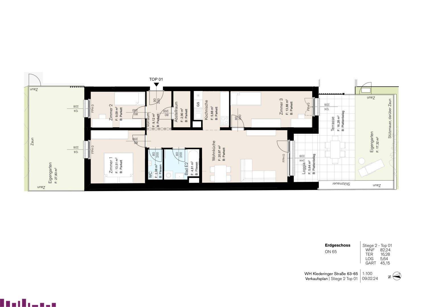 Grundriss einer Erdgeschosswohnung mit offenem Wohnbereich, Terrasse und Eigengarten.