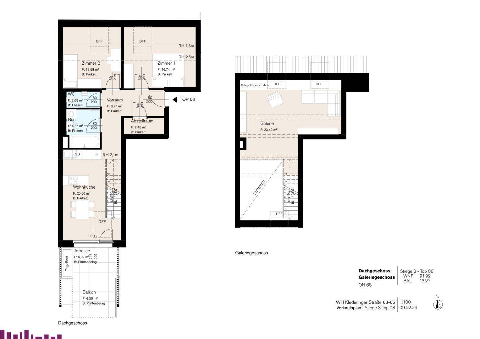 Detaillierter Grundriss einer Maisonette-Wohnung mit Dachgeschoss und Galeriegeschoss, inklusive Terrasse und Balkon.