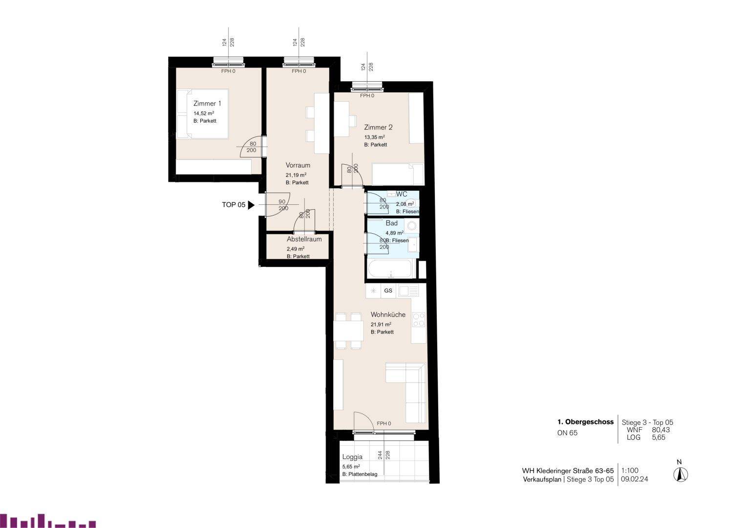 Grundriss einer modernen Wohnung im Obergeschoss mit offener Wohnküche, zwei Schlafzimmern und Loggia.