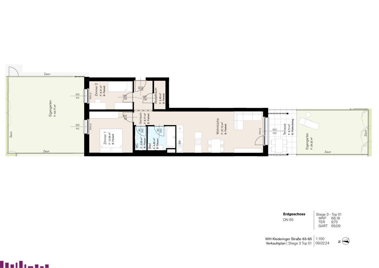 Grundriss des Erdgeschosses mit Wohnbereich, Schlafzimmern und Zugang zum privaten Garten.