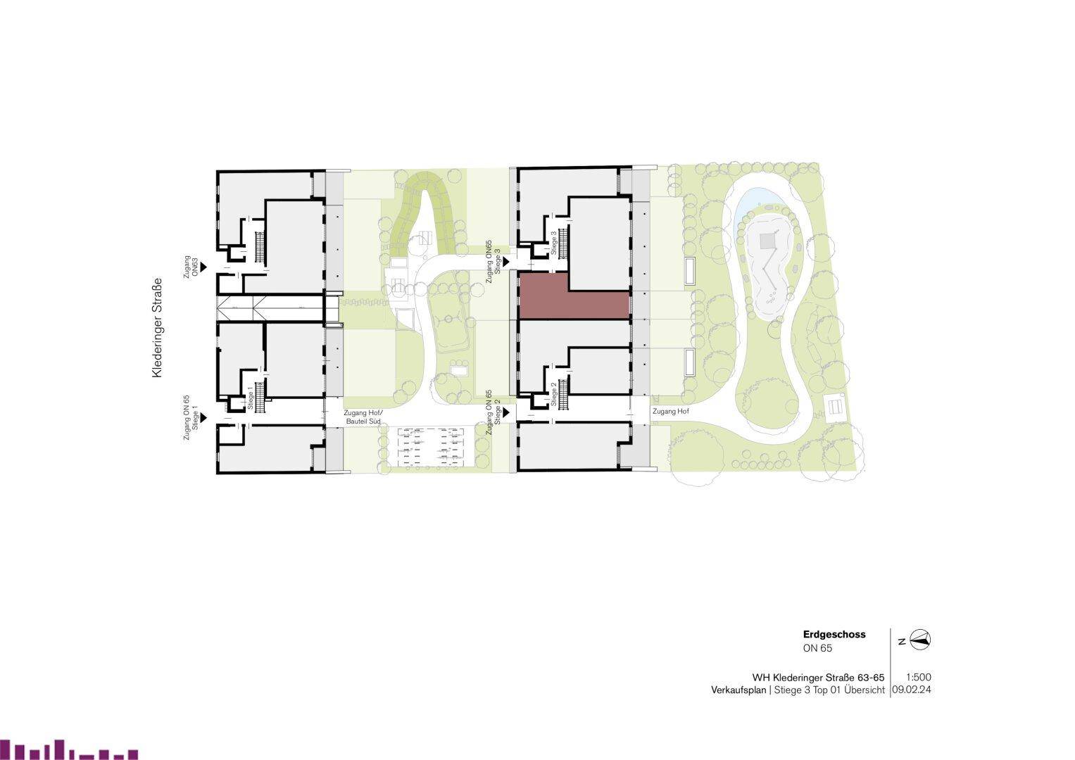 Übersichtsplan der Wohnanlage mit mehreren Gebäuden, Grünflächen und Spielplatz.