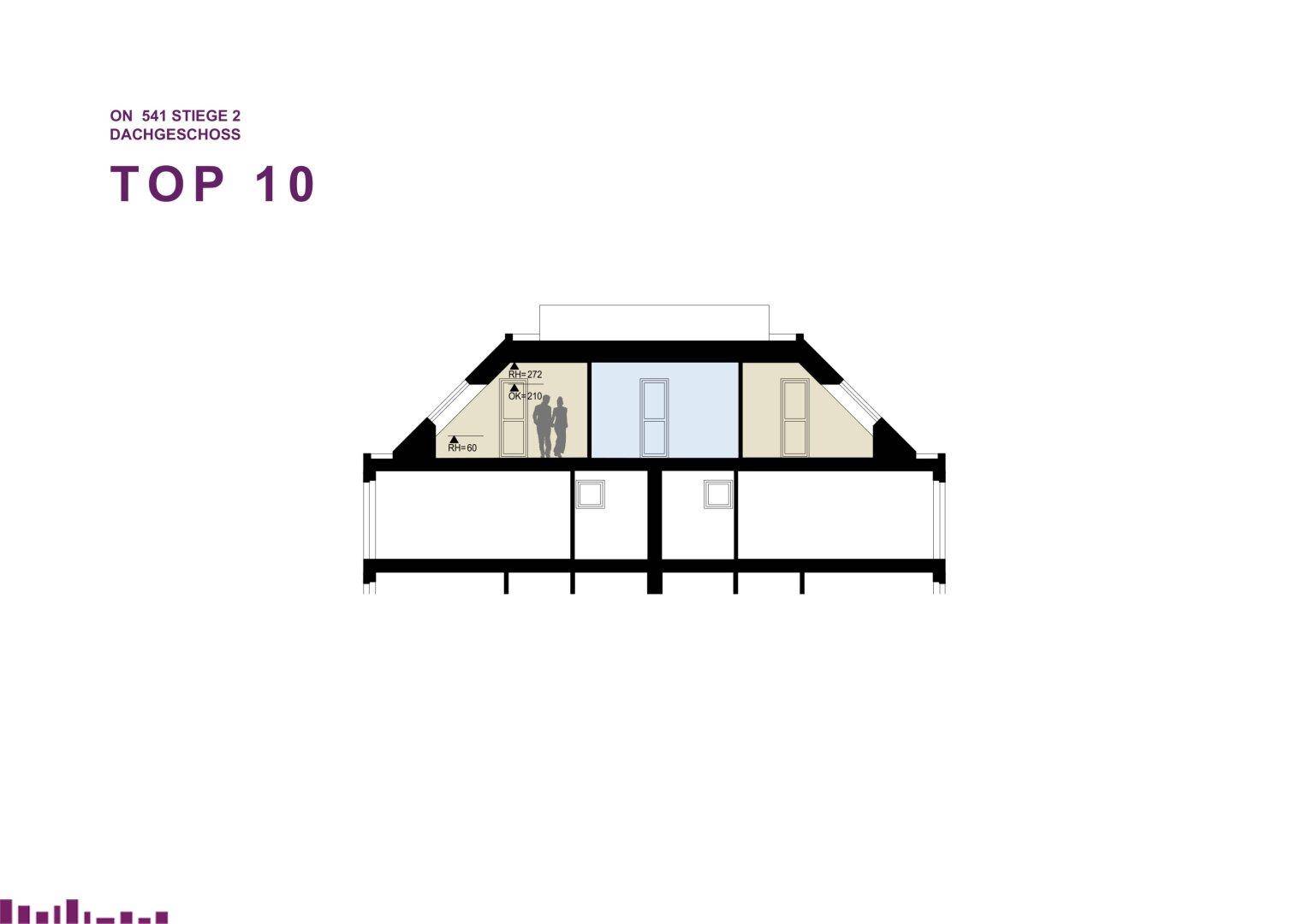 Architektonischer Querschnitt eines Dachgeschosses mit sichtbarer Dachschräge und Raumaufteilung.