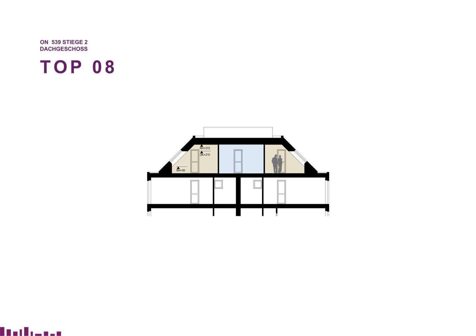 Grundriss des Dachgeschosses Top 08 mit schrägen Wänden und offenem Wohnbereich.