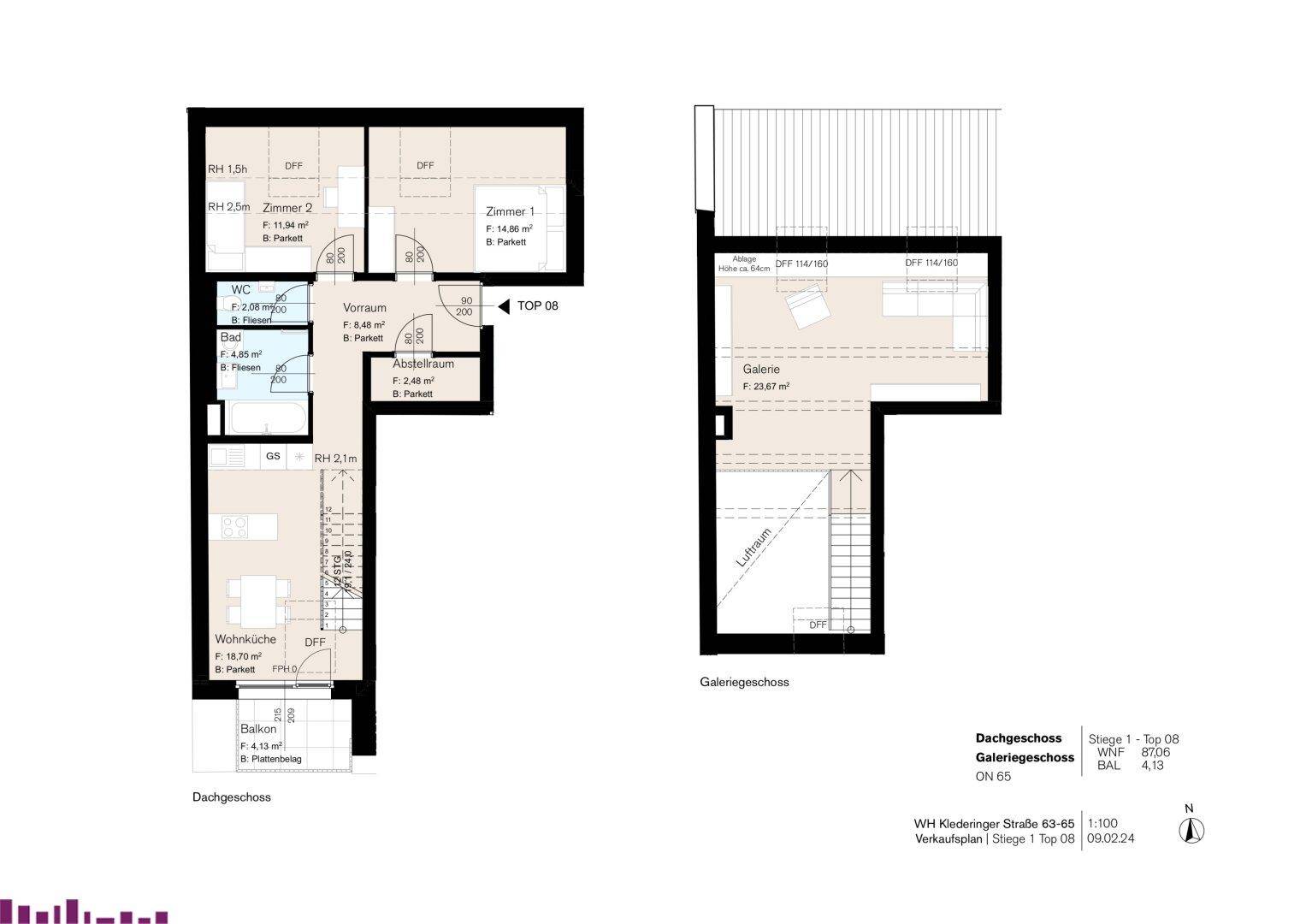 Grundrissplan zeigt Dachgeschoss und Galeriegeschoss mit Wohnküche, zwei Zimmern und Balkon.
