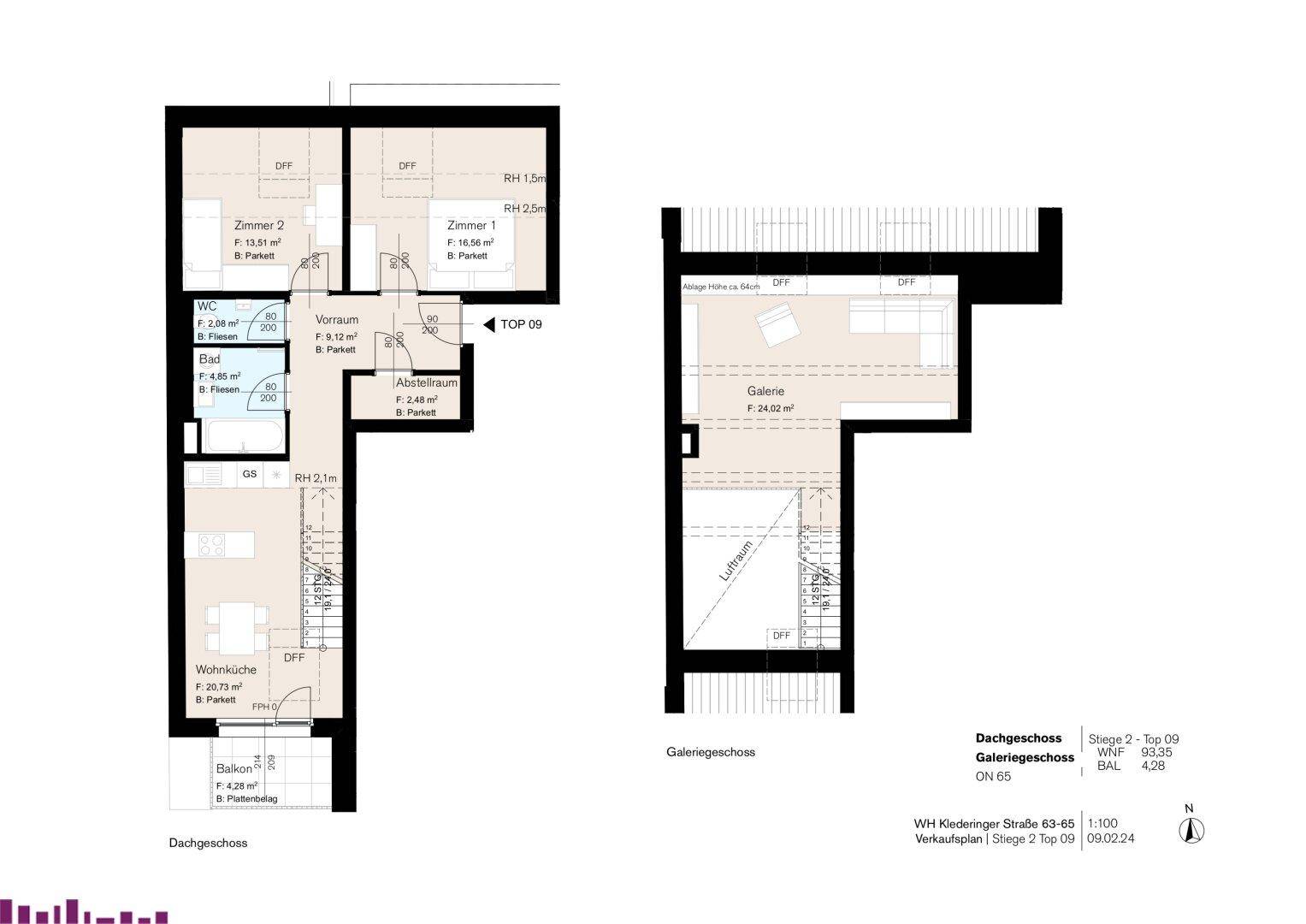 Grundriss einer Maisonette-Wohnung mit Dachgeschoss und Galerie, inklusive Wohnbereich, Schlafzimmern und Balkon.
