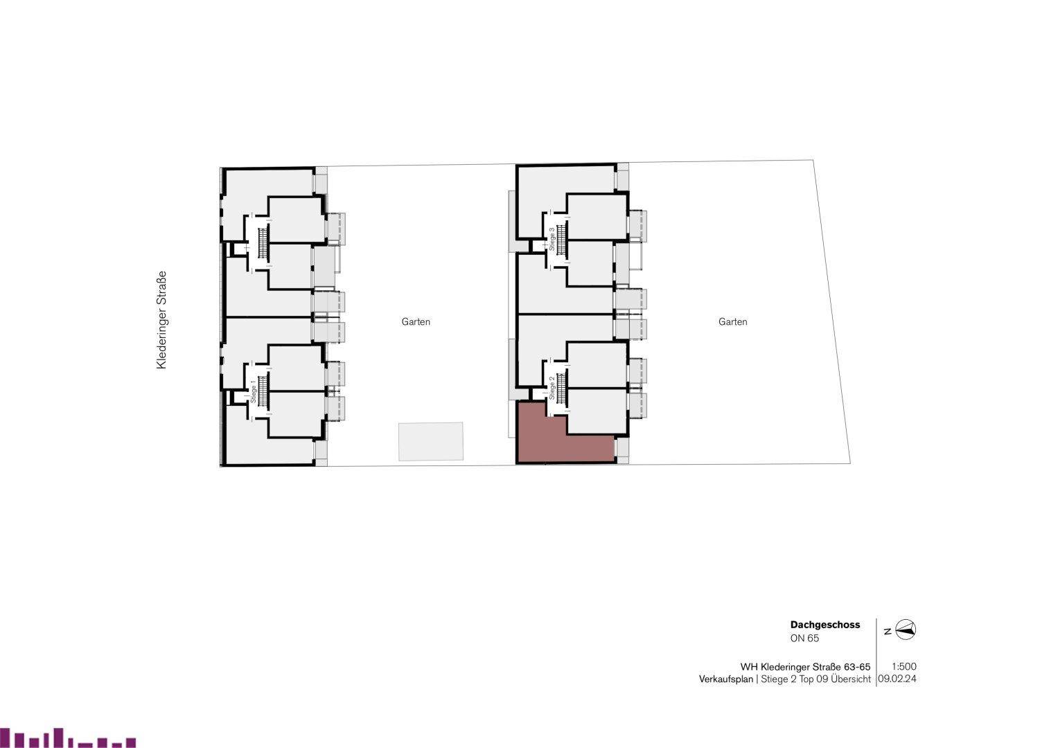 Übersichtsplan der Dachgeschoss-Einheiten mit angrenzenden Gartenbereichen und der Straßenlage.