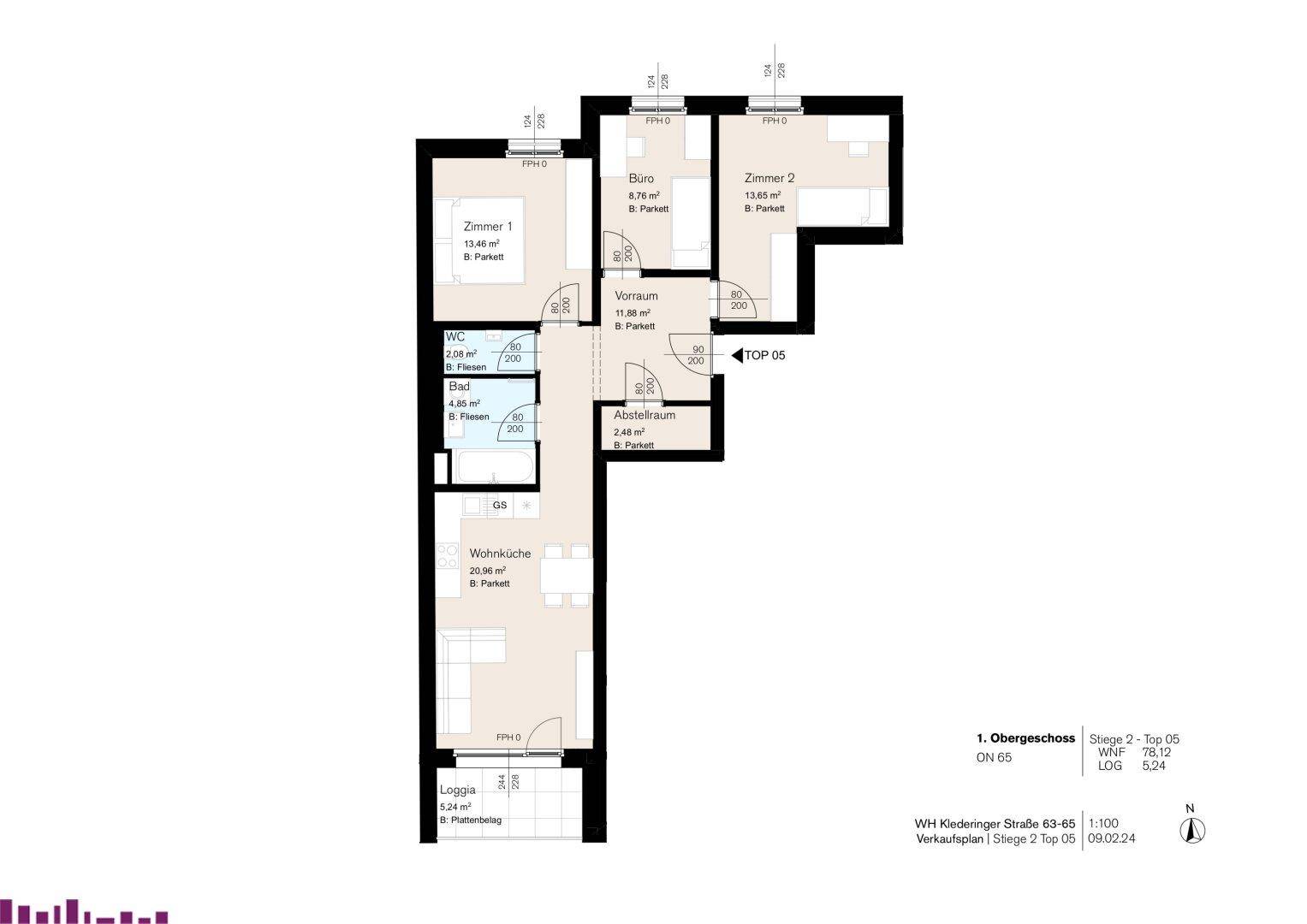 Grundriss einer Wohnung mit Wohnküche, zwei Zimmern, Bad, separatem WC und Loggia.