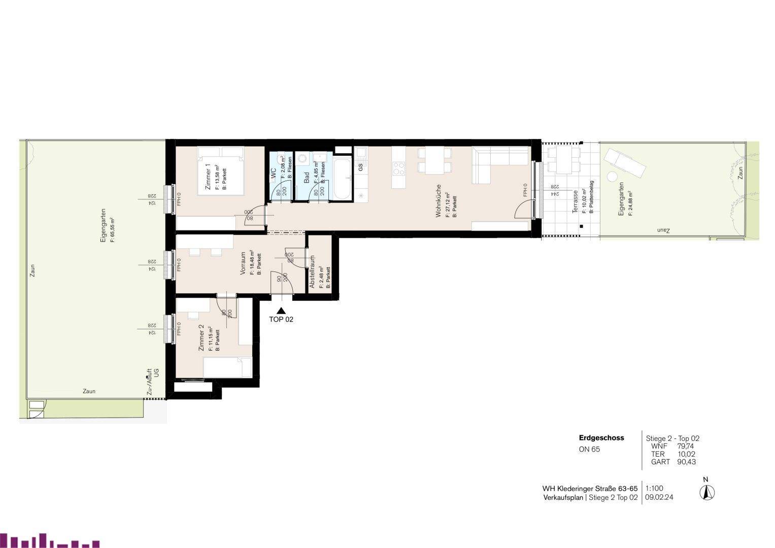 Detaillierter Grundriss des Erdgeschosses mit offenem Wohnbereich, Schlafzimmern, Bädern und Zugang zu Terrasse und Garten.