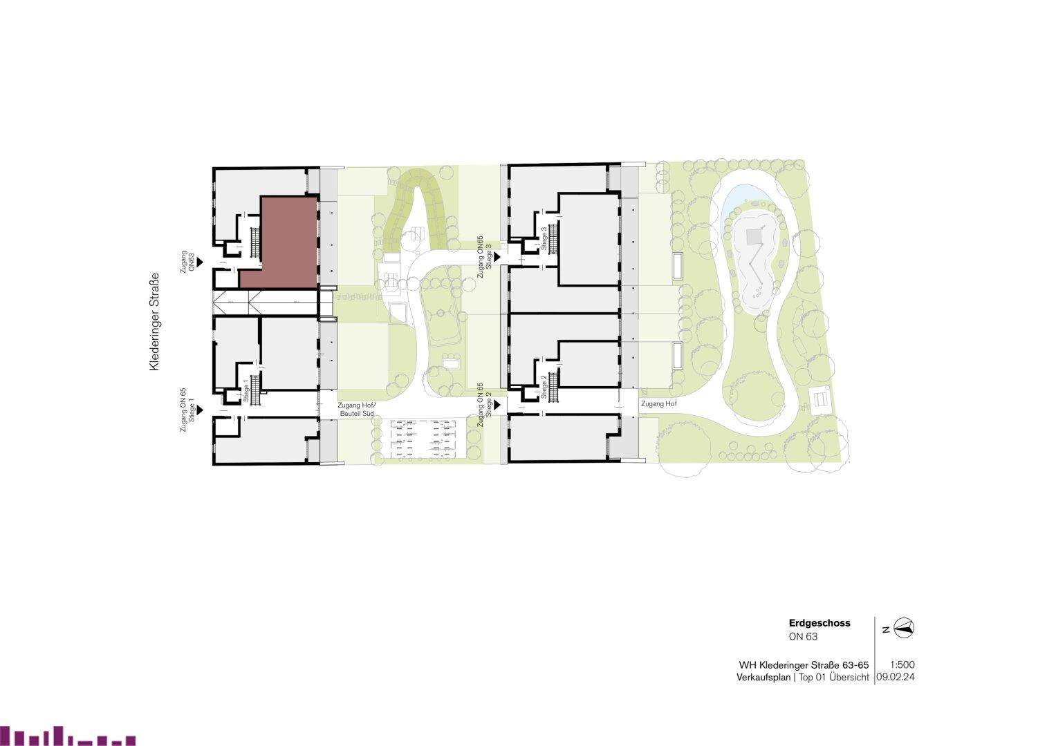 Übersichtsplan des Erdgeschosses mit mehreren Wohneinheiten, privaten Gärten und Terrassen sowie gemeinschaftlichen Grünflächen und Spielplatz.