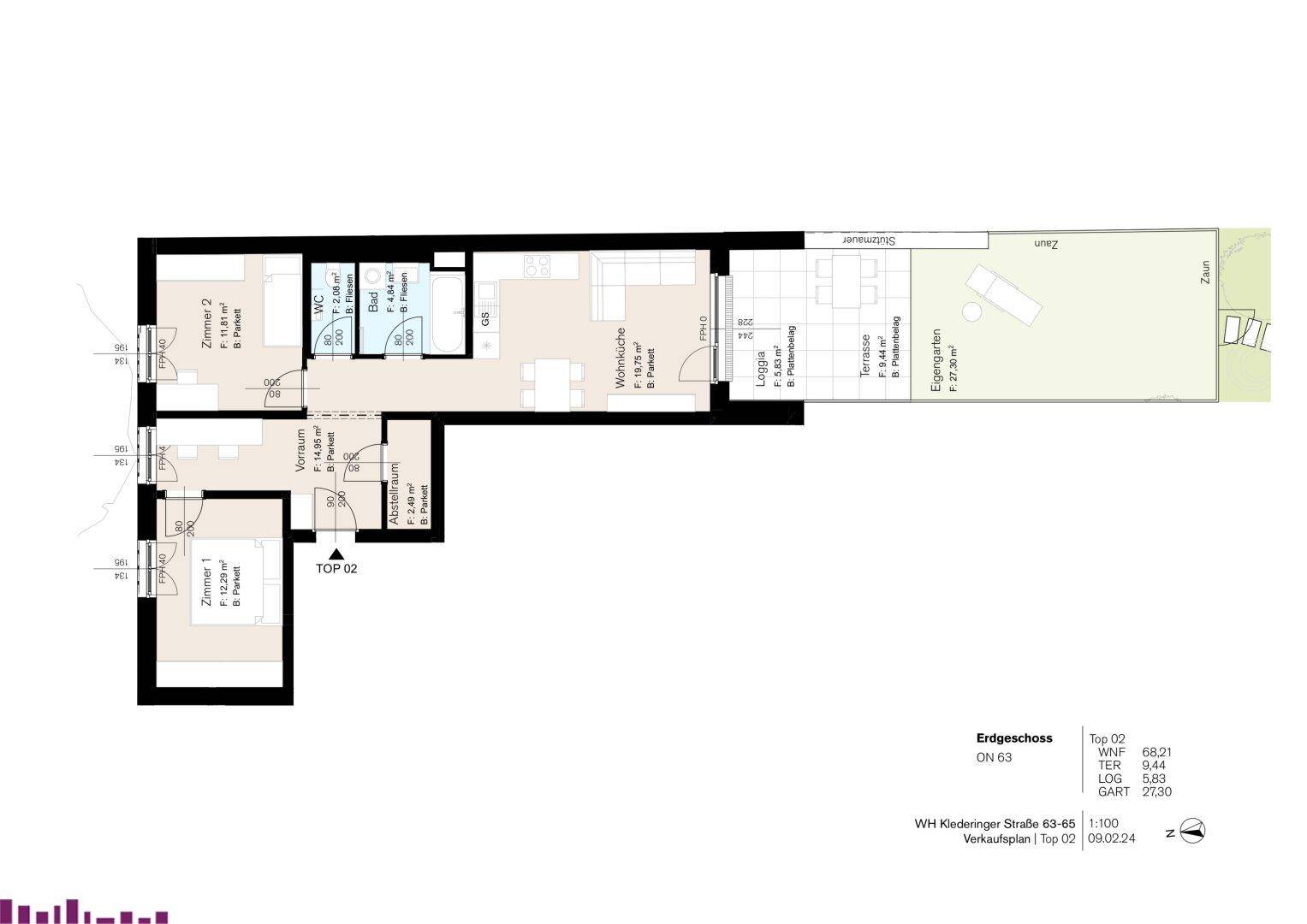 Detaillierter Grundriss der Erdgeschosswohnung Top 02 mit Wohnküche, zwei Zimmern, Bad, WC, Loggia und großem Eigengarten.