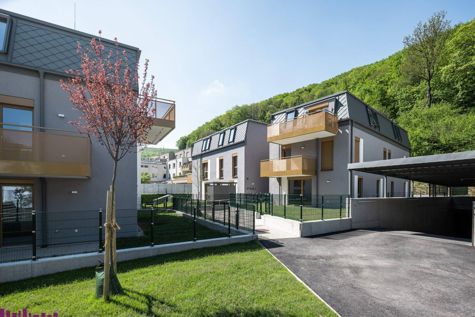 Moderne Wohnanlage mit Carport und gepflegten Grünflächen in frühlingshafter Umgebung.