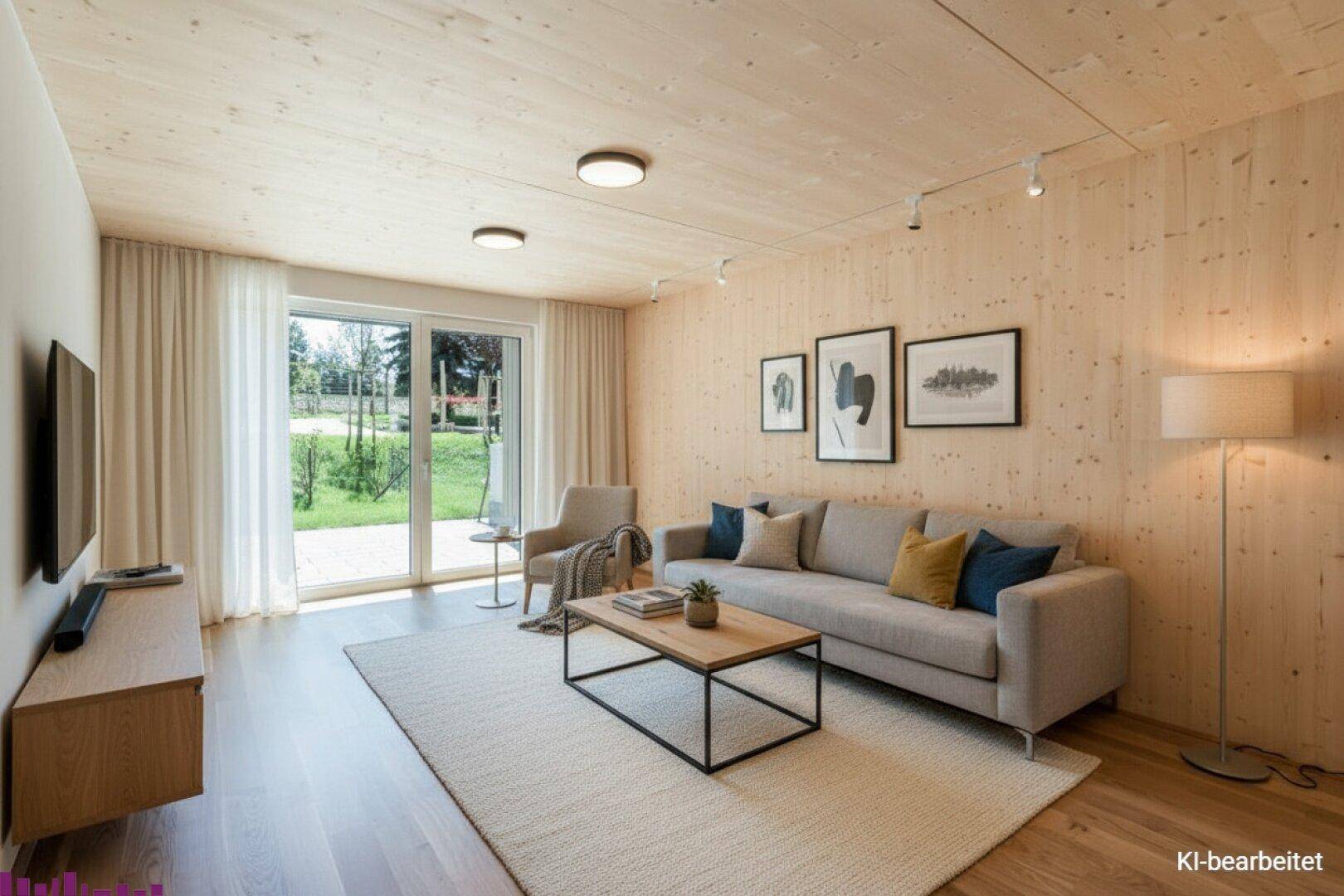 Modernes Wohnzimmer mit Holzwänden, Parkettboden und Zugang zu einem Gartenbereich.