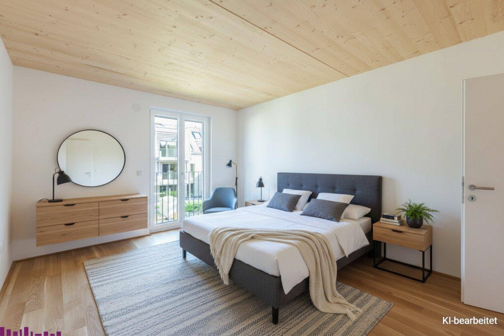 Helles Schlafzimmer mit Holzboden, Holzdecke und Zugang zu einem französischen Balkon.