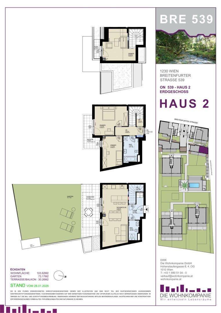 Detaillierte Grundrisspläne für Haus 2 mit Erdgeschoss, Obergeschoss und Dachgeschoss, inklusive Garten und Terrasse.