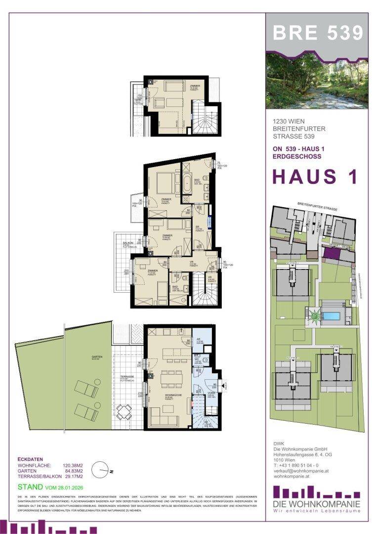 Mehrgeschossiger Grundriss mit Garten, Terrasse und detaillierter Raumaufteilung eines modernen Hauses.