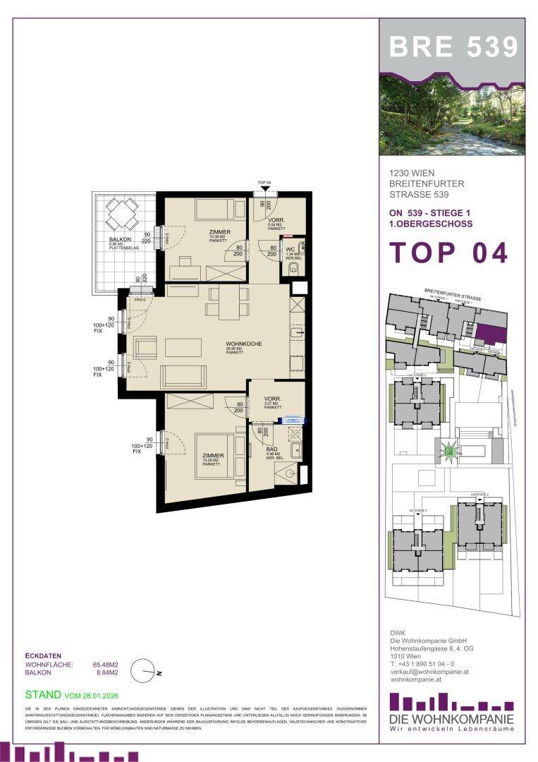 Detaillierter Grundriss der Wohnung mit Balkon, zwei Schlafzimmern und offenem Wohnbereich.