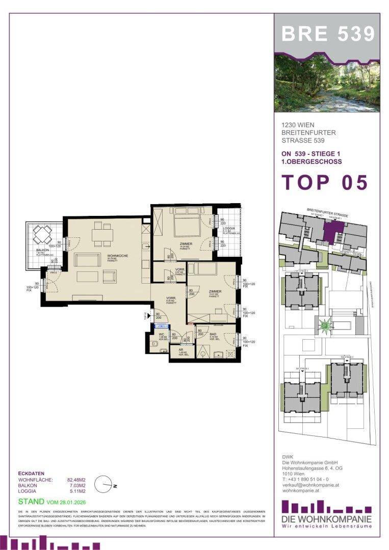 Grundriss einer modernen Wohnung im ersten Obergeschoss mit offener Wohnküche, zwei Zimmern, Bad, WC, Balkon und Loggia.