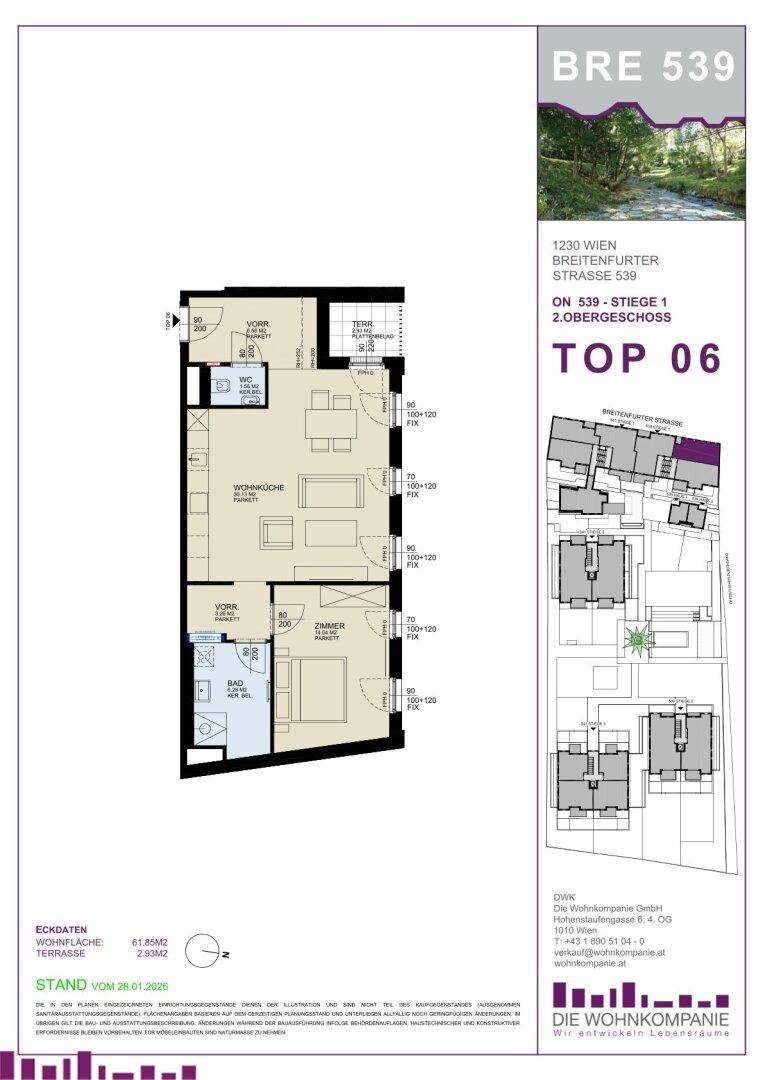 Detaillierter Grundriss einer modernen Wohnung mit offener Wohnküche, Schlafzimmer, Bad, separatem WC und Terrasse.