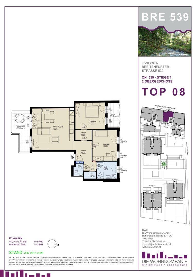 Grundriss einer Wohnung mit zwei Schlafzimmern, offenem Wohnbereich und großer Terrasse.