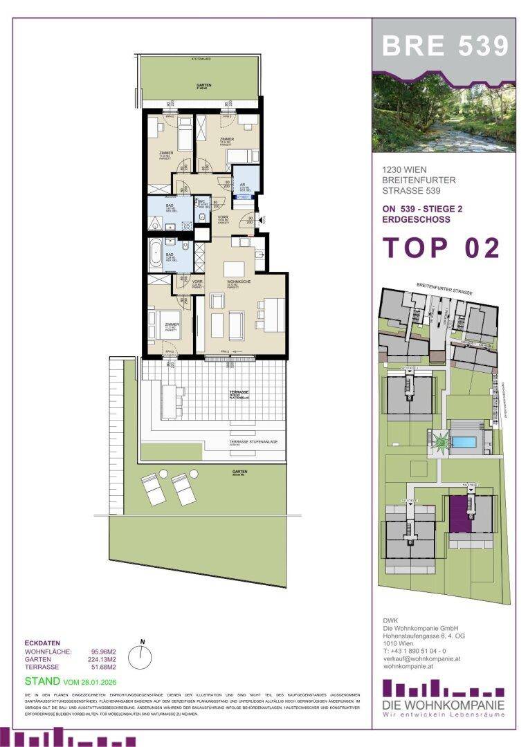 Grundriss einer Erdgeschosswohnung mit offenem Wohnbereich, Garten und großer Terrasse.