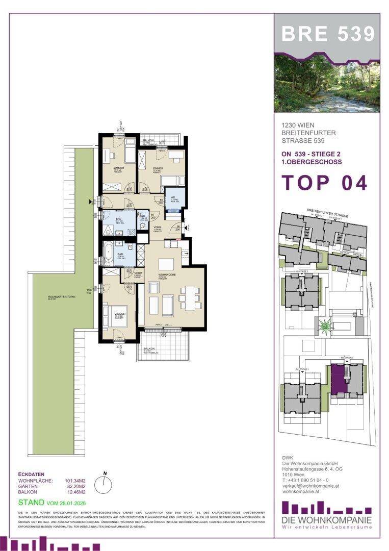 Detaillierter Grundriss einer Wohnung im ersten Obergeschoss mit drei Schlafzimmern, zwei Bädern, separatem WC, offenem Wohnbereich, Garten und Balkon.