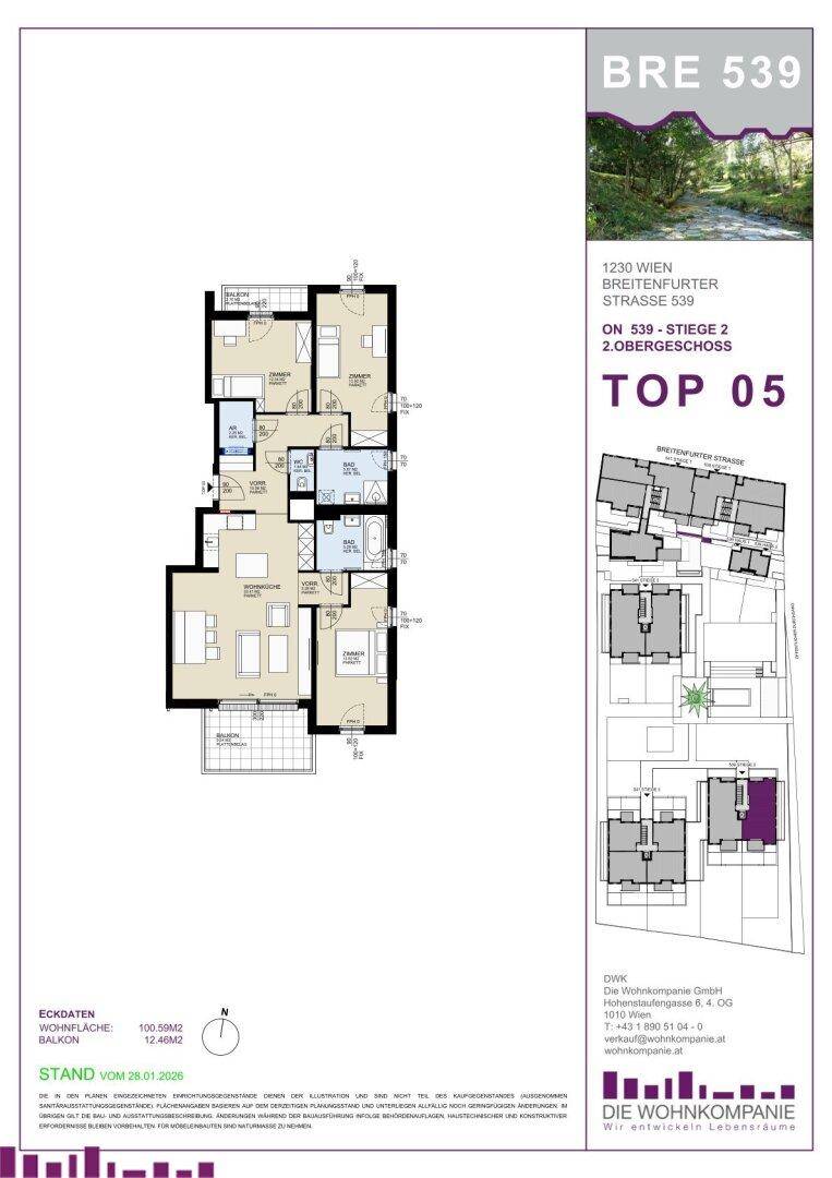 Dieser Grundriss zeigt eine moderne Wohnung mit offener Wohnküche, mehreren Schlafzimmern, zwei Bädern und einem Balkon.