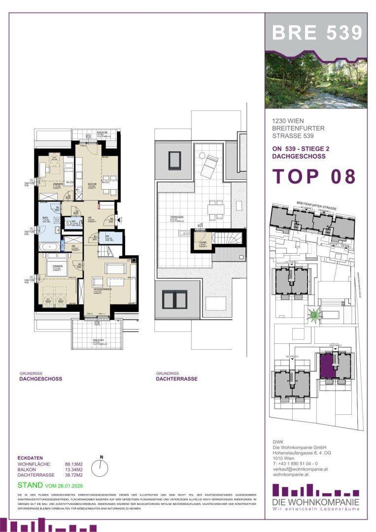 Grundrissplan einer Dachgeschosswohnung mit Balkon, Dachterrasse und offenem Wohnbereich.