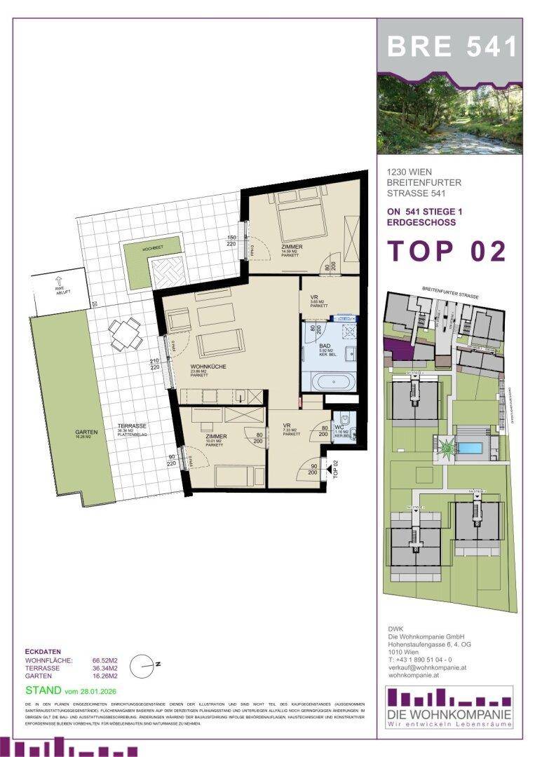 Detaillierter Grundriss einer Erdgeschosswohnung mit offener Wohnküche, Terrasse und Garten.