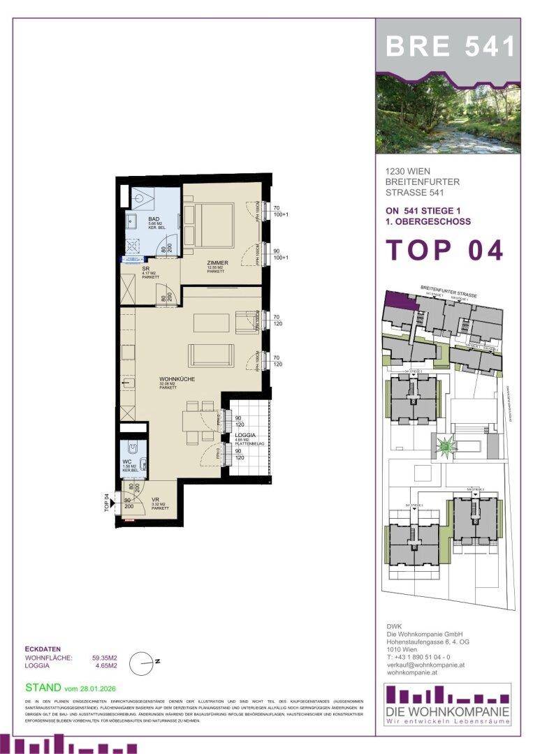 Grundriss einer Wohnung im ersten Obergeschoss mit offener Wohnküche, Schlafzimmer, Bad und Loggia.