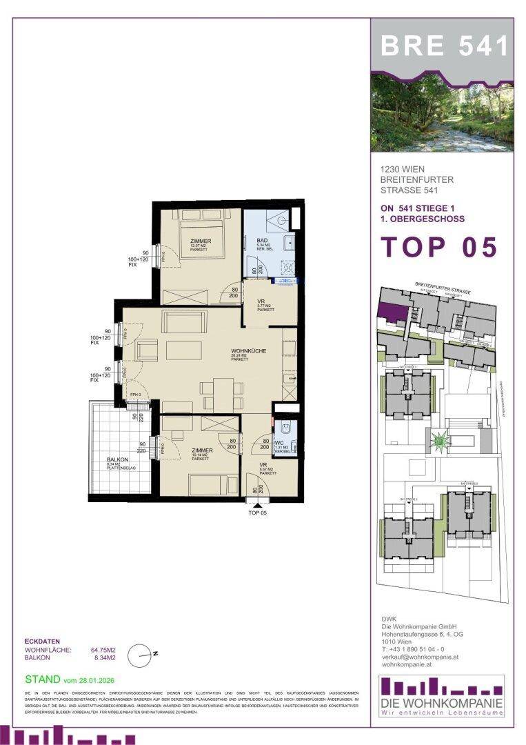 Detaillierter Grundriss einer Wohnung mit drei Zimmern, Wohnküche und Balkon.