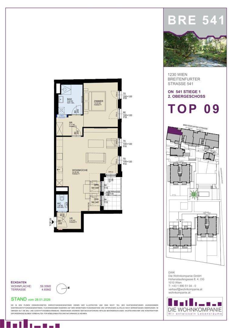 Grundriss einer modernen 2-Zimmer-Wohnung mit offener Wohnküche, Schlafzimmer und Terrasse.