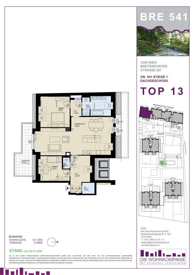 Detaillierter Grundriss für Wohnung TOP 13 mit mehreren Zimmern und einer großzügigen Terrasse.