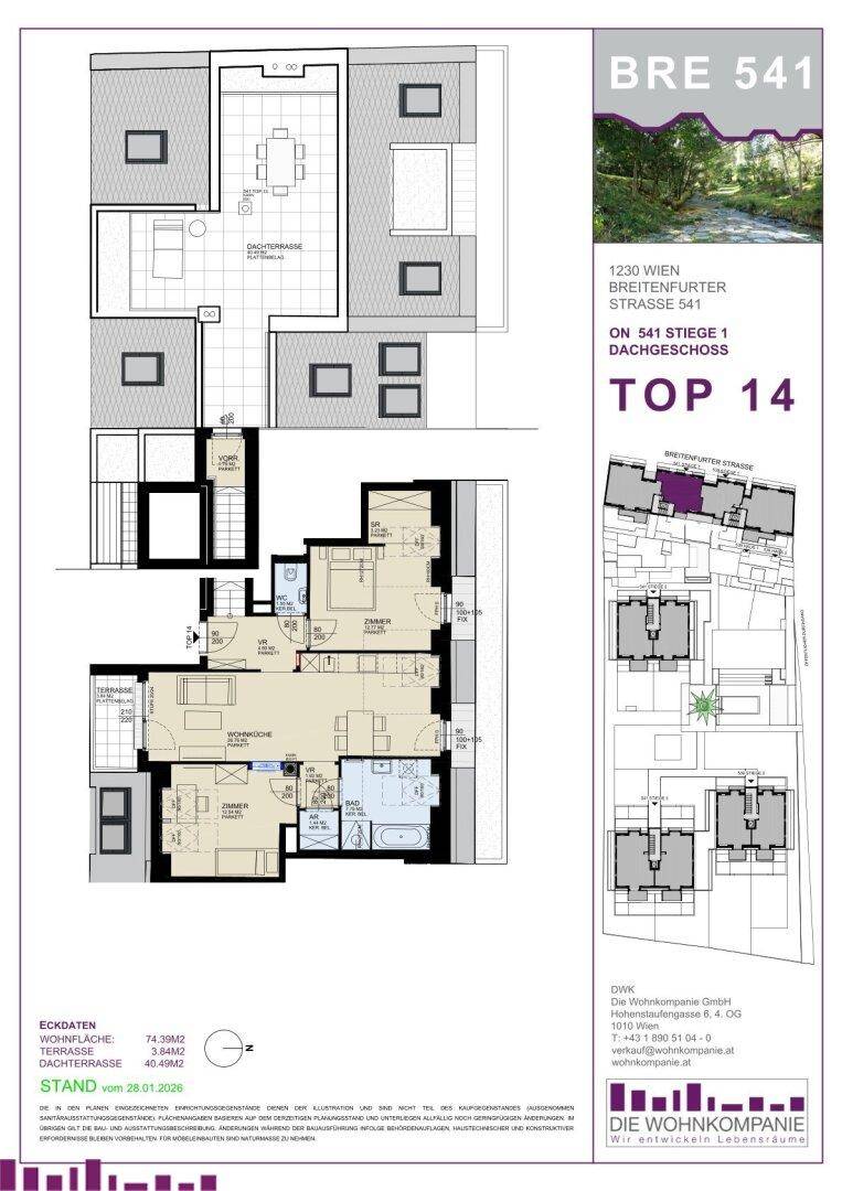 Detaillierter Grundriss einer Dachgeschosswohnung mit Terrasse und mehreren Zimmern.
