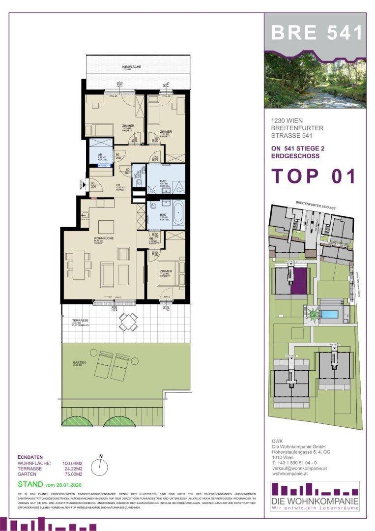 Detaillierter Grundriss einer Erdgeschosswohnung mit offenem Wohnbereich, zwei Bädern, Terrasse und privatem Garten.