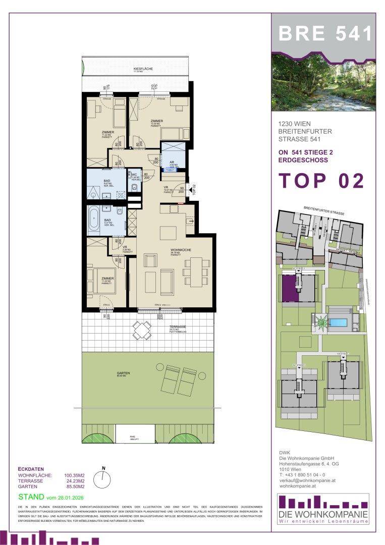 Detaillierter Grundriss einer Erdgeschosswohnung mit offenem Wohnbereich, zwei Bädern, Terrasse und privatem Garten.