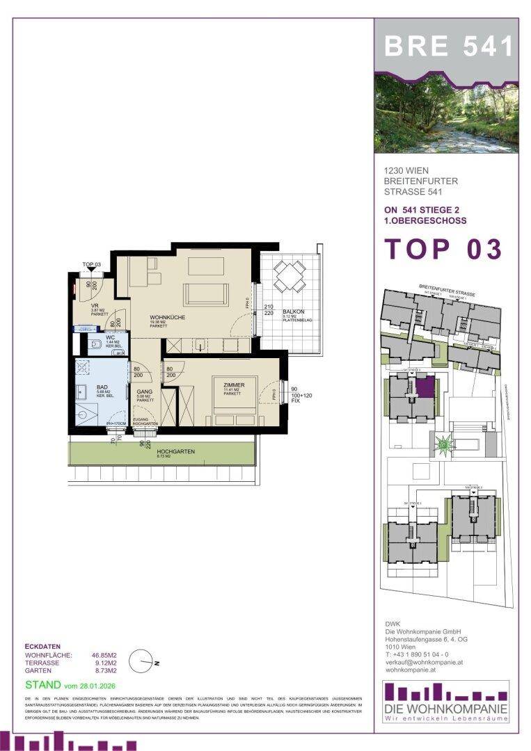 Grundriss einer Wohnung mit offenem Wohnbereich, Schlafzimmer, Bad, separatem WC, Balkon und Hochgarten.
