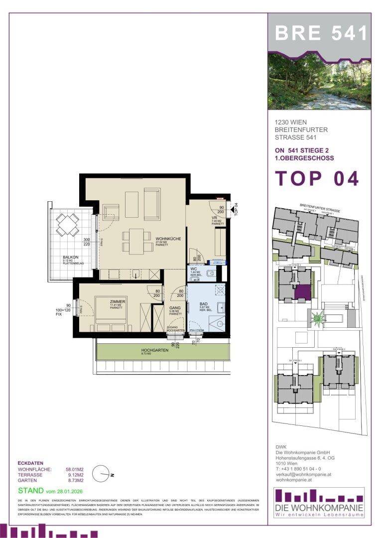 Grundriss einer Wohnung mit offenem Wohn-Essbereich, einem Schlafzimmer, Bad, WC, Balkon und Zugang zum Hochgarten.