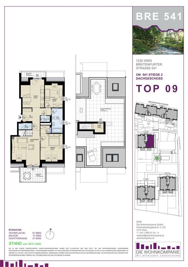 Detaillierter Grundriss einer zweistöckigen Penthouse-Wohnung mit Balkon, Terrasse und großer Dachterrasse.