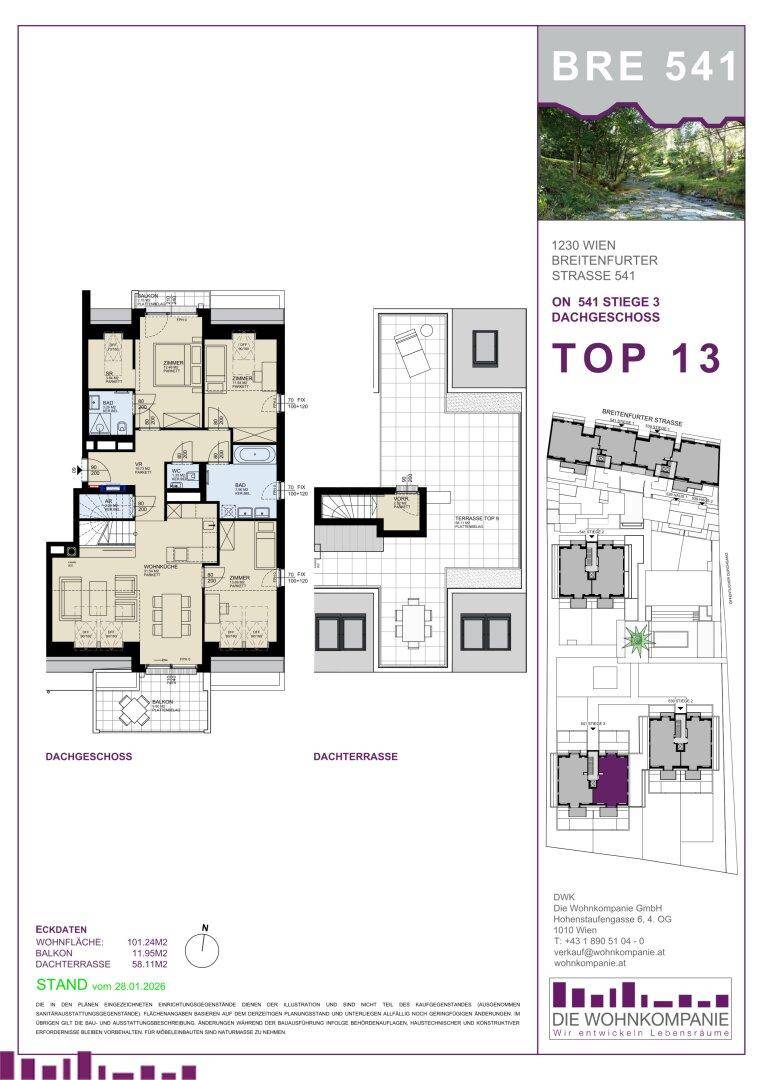 Grundriss des Dachgeschosses und der Dachterrasse mit detaillierter Raumaufteilung und Flächenangaben.