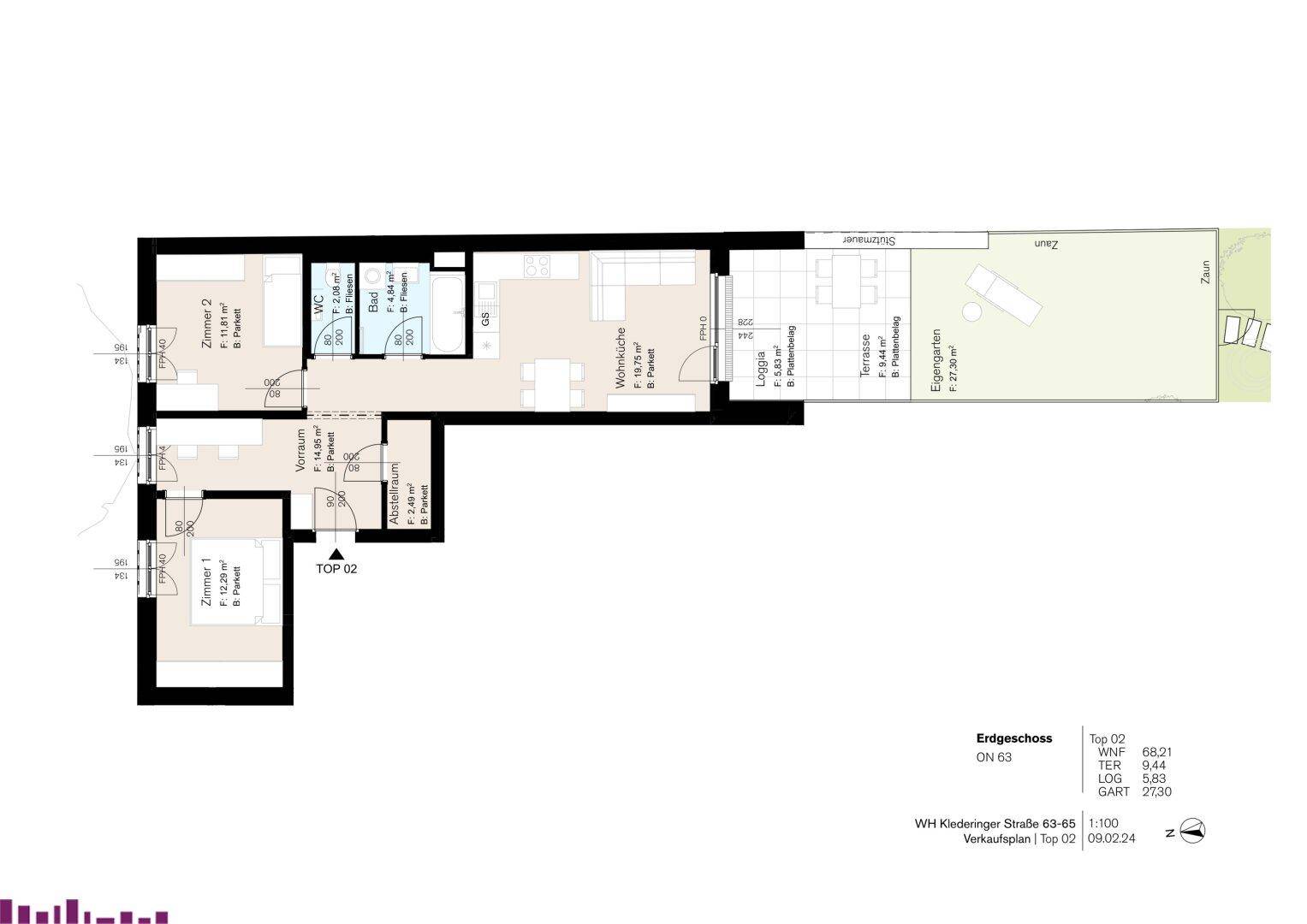Übersichtlicher Grundriss einer Wohnung mit Terrasse, Loggia und eigenem Gartenanteil.