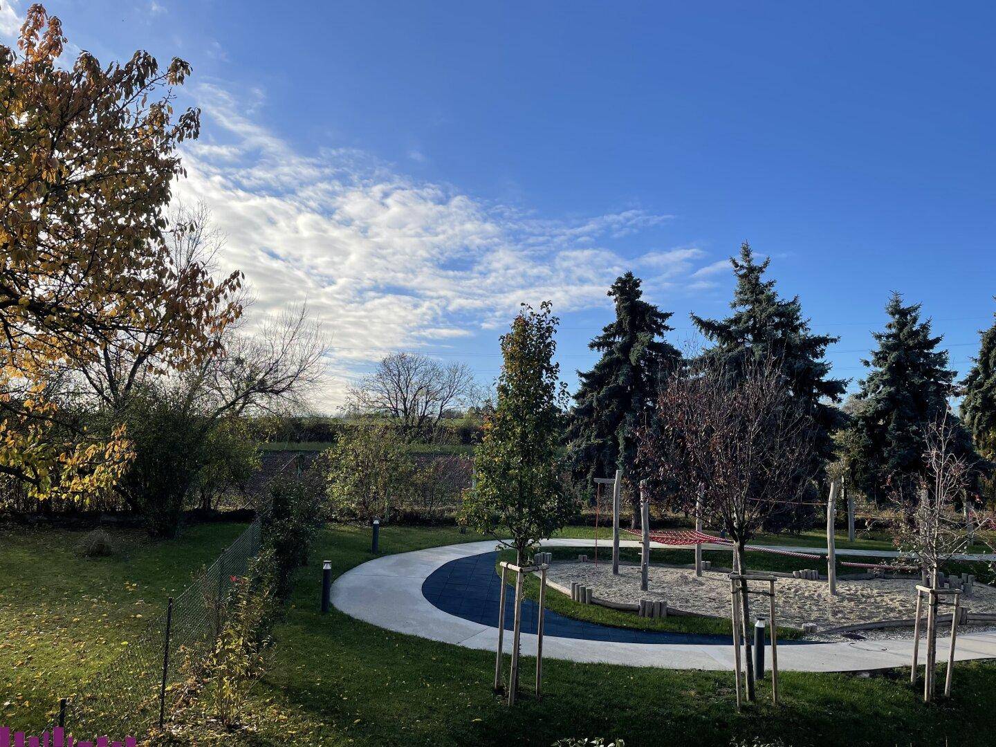 Weitläufige Grünfläche mit Spielplatz und altem Baumbestand unter blauem Himmel.