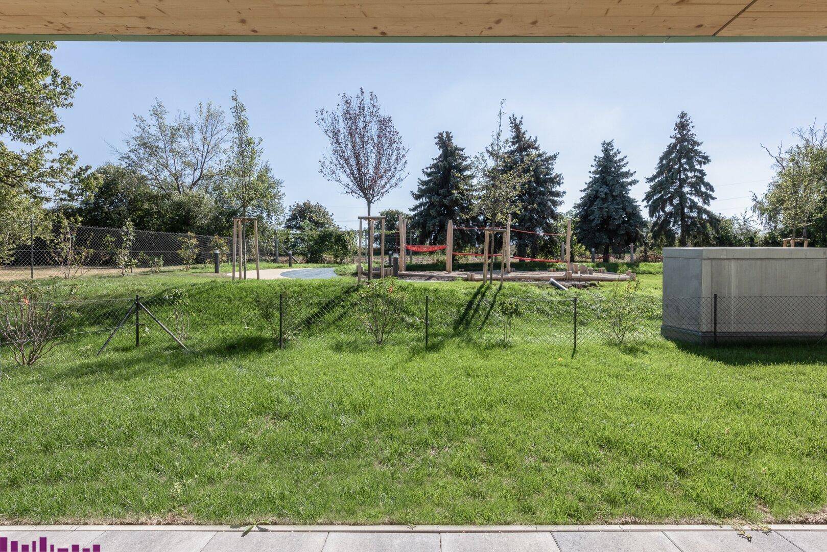 Grüne Außenanlage mit Rasenflächen, Bäumen und einem Spielplatz im Hintergrund unter blauem Himmel.
