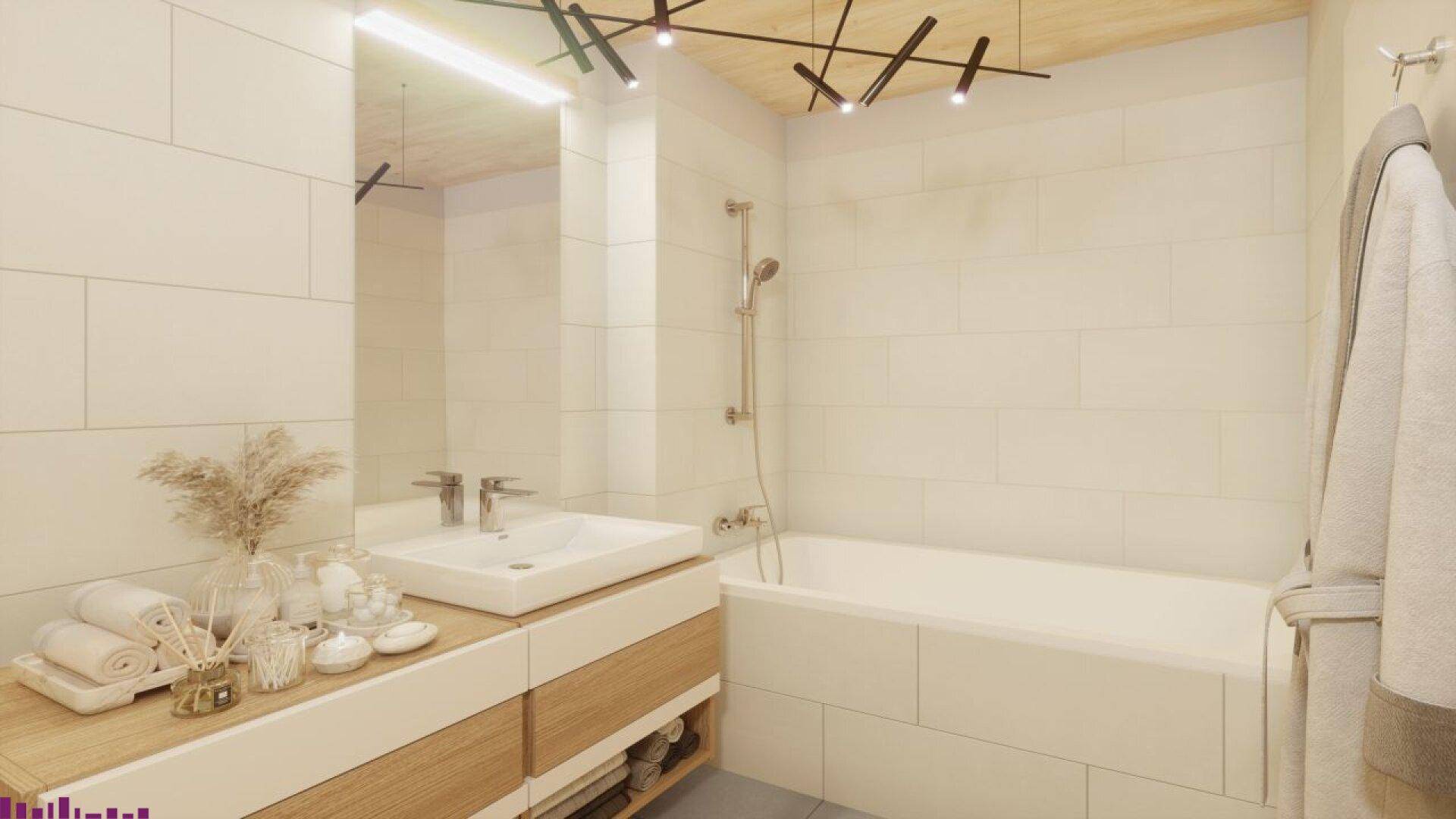 Modernes Badezimmer mit Badewanne, Einzelwaschbecken und hellen Fliesen.
